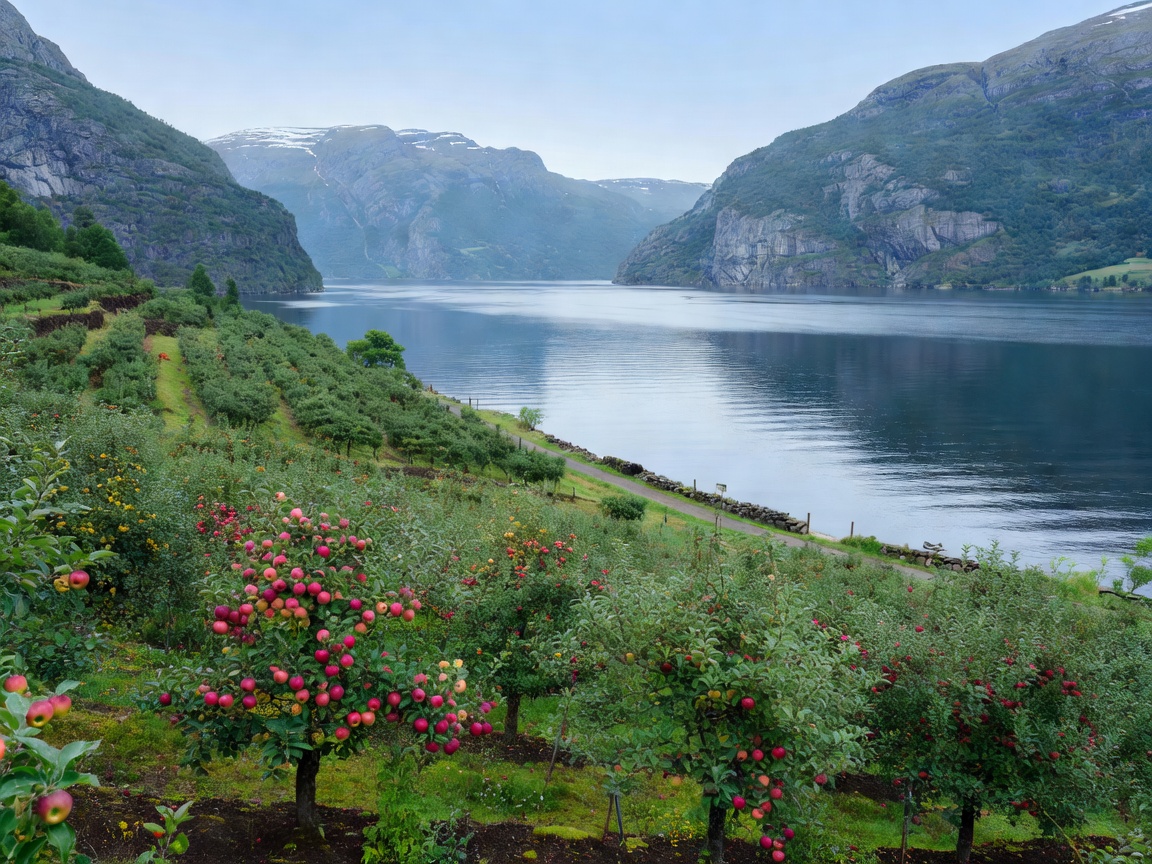 Fruit orchards alongside calm fjord waters in Hardangerfjord