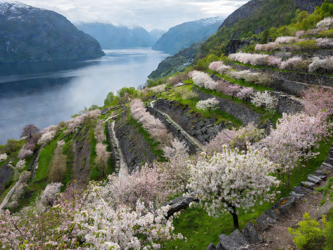 Fruit trees flowering on terraced slopes with the vast Hardangerfjord water body below