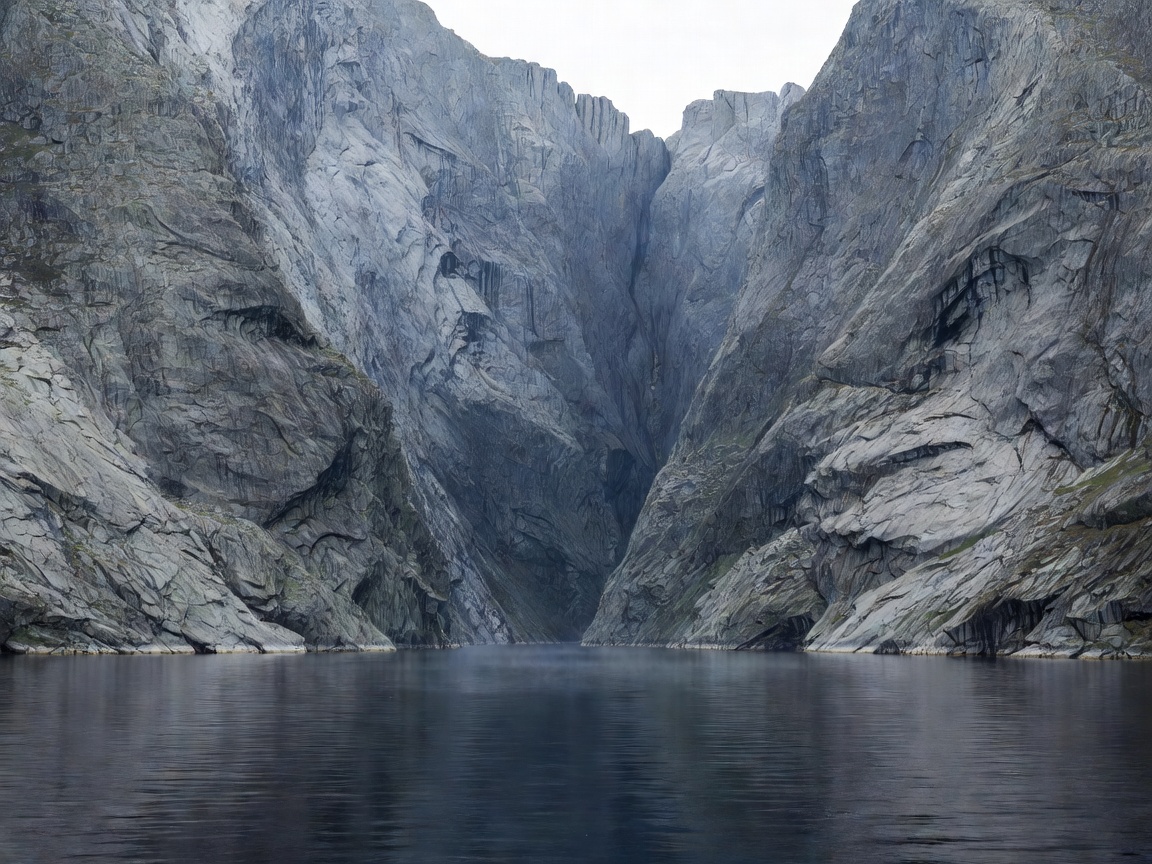 Massive sheer grey granite cliffs descending straight down into the narrow waters of Lysefjord