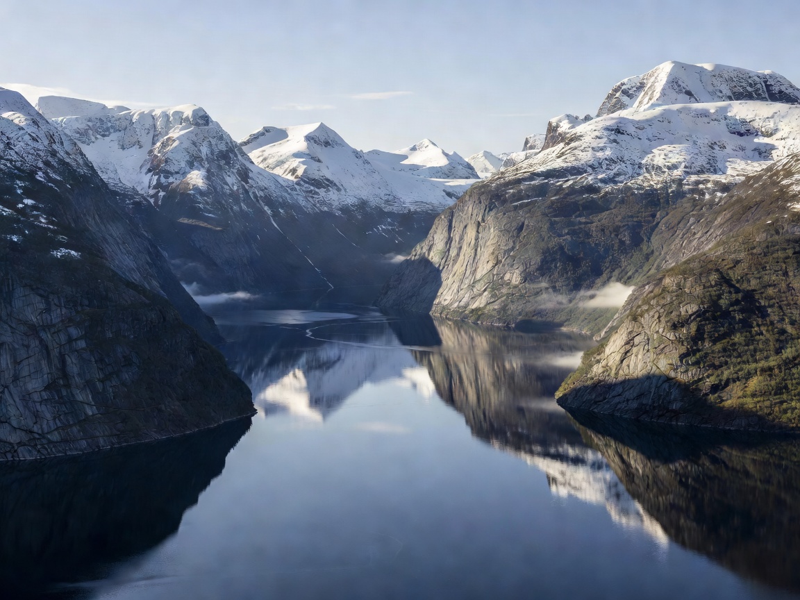 Narrow glacial waterways and snowcapped peaks along the Nærøyfjord corridor