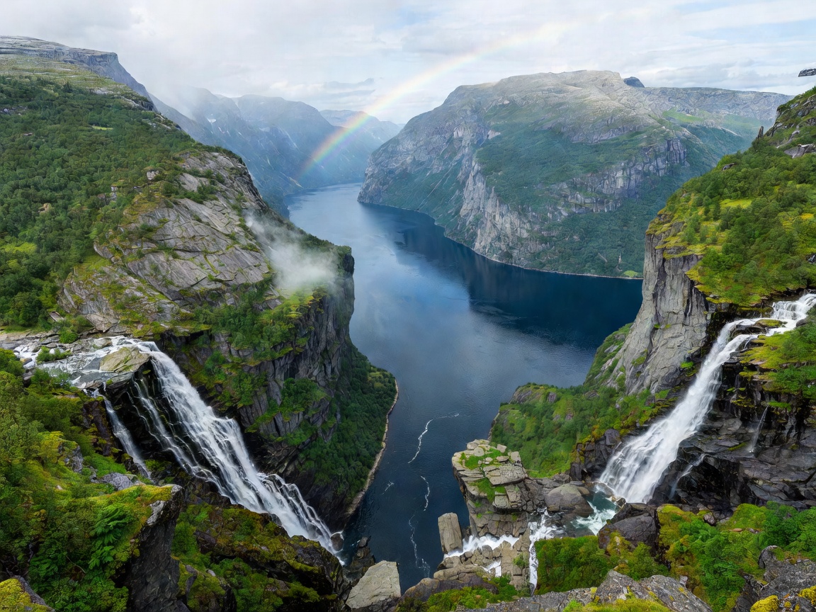Scenic panoramic view over the vertical cliffs of Geirangerfjord