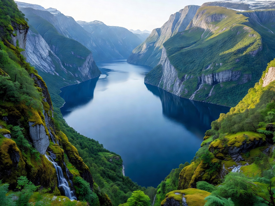 Spectacular view down into Geirangerfjord with calm blue water and steep verdant cliffs
