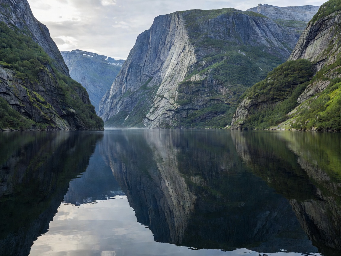 Towering vertical mountain walls reflecting in the still waters of Nærøyfjord